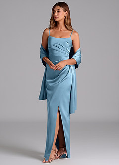 Azazie Calandra Bridesmaid Dresses Steel Blue A-Line Pleated Stretch Satin Dress image5