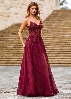 Milliener Burgundy Tulle Flowers Prom Dress image3