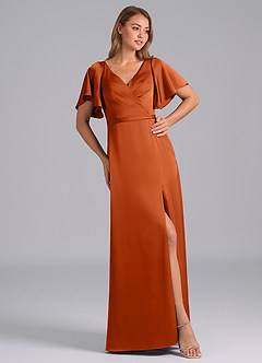 Azazie Ambrosia Bridesmaid Dresses Burnt Orange A-Line Pleated Stretch Satin Dress image4