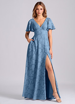 Azazie Kimber 신부 들러리 드레스 A라인 포켓이 있는 플로럴 번아웃 바닥 길이 드레스 image1