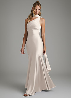Azazie Amara Bridesmaid Dresses White Alabaster Mermaid One Shoulder Stretch Satin Dress image5