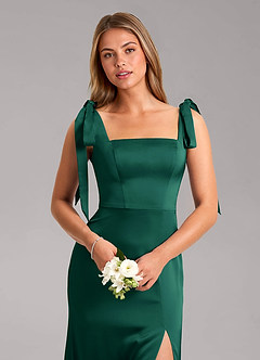 Azazie Frostine Bridesmaid Dresses Emerald A-Line Bow Stretch Satin Dress image4