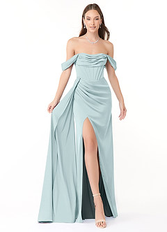 Azazie Amyra Vestidos de damas de honor Vestido de Neblina de Satén Elástico de Corte Recto Convertible con Vestidos sin tirantes image1