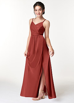 Azazie Luxy Junior Terracotta Pleated Mesh Dress image4