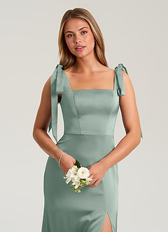 Azazie Frostine Vestidos de madrinha de casamento Vestido Sálvia Prateada de Cetim elástico de Linha A com Arco image8