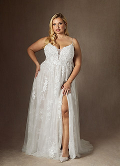 Azazie Monda Wedding Dresses Diamond White A-Line Lace Tulle Dress image12
