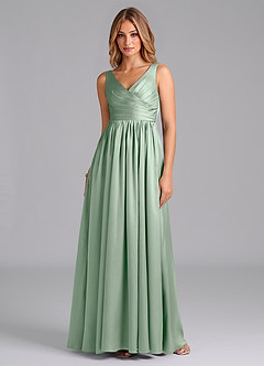 Azazie Keyla Bridesmaid Dresses Agave A-Line Pleated Stretch Satin Dress image1