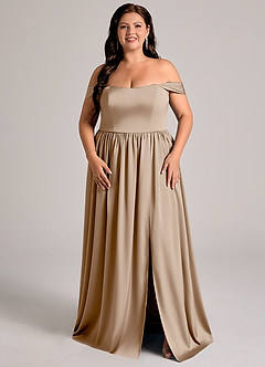 Azazie Calianna Jurken voor bruidsmeisjes Converteerbaar Jurk van Stretch Satijn met A-Lijn Off the Shoulder Taupe image6