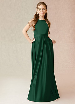 Azazie Arianthe Junior Vestido de Verde Oscuro de Satén Elástico de Corte En A con Con bolsillos image4