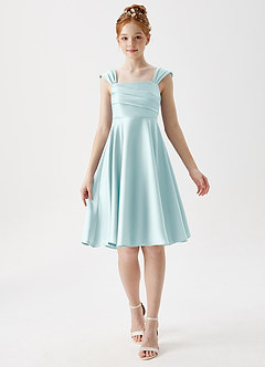 Azazie Amira Junior Sea Glass A-Line Pleated Stretch Satin Dress image1