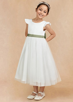Azazie Hemi Flower Girl Dresses Ivory Pistachio A-Line Bow Tulle Dress image2