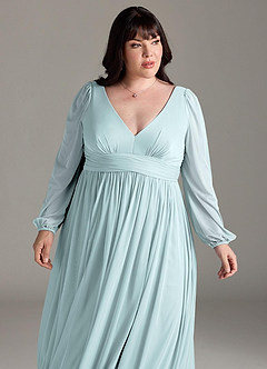 Azazie Norah Bridesmaid Dresses Mist A-Line V-Neck Long Sleeve Chiffon Dress image12