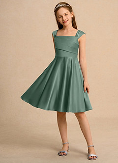 Azazie Budle Girls Formal Flower Girl Dresses Eucalyptus A-Line Pleated Matte Satin Dress image3
