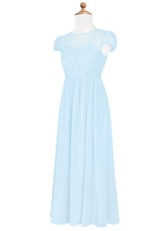 Azazie Delevingne Junior Vestido de Azul Cielo de Gasa de Corte en A con Encaje image8