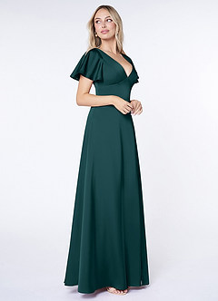 Azazie Lani Bridesmaid Dresses Pine A-Line Flounce Sleeve Stretch Satin Dress image4