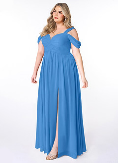 Azazie Lianne Robes de demoiselle d'honneur Robe Trapèze en Mousseline de soie Épaule décolletée Geai Bleu image9