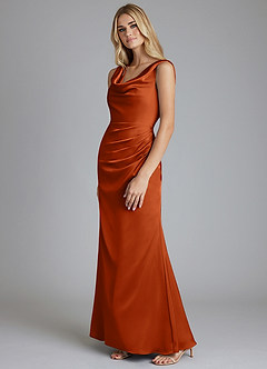 Azazie Tallie Bridesmaid Dresses Burnt Orange Mermaid Pleated Stretch Satin Dress image2