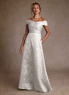 Azazie Lacey Silver Jacquard A-Line Off the Shoulder Floral