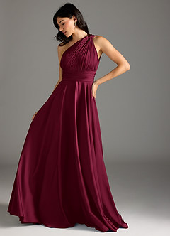 Azazie Charlize Bridesmaid Dresses Burgundy A-Line One Shoulder Stretch Satin Dress image14