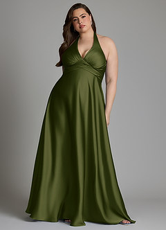 Azazie Tessie Bridesmaid Dresses Bright Olive A-Line Pleated Stretch Satin Dress image10