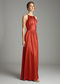 Azazie Bonnie Bridesmaid Dresses Rust A-Line Pleated Stretch Satin Dress image4