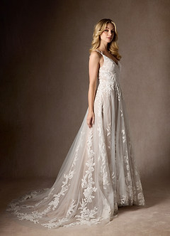 Azazie Delaina Wedding Dresses Diamond White Caramel A-Line V-Neck Sequins Tulle Dress image7