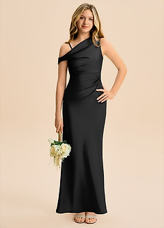 Azazie Emerson Junior Black Sheath Off the Shoulder Stretch Satin Dress image4