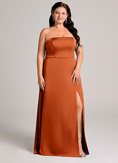 Azazie Wren Vestidos de damas de honor Vestido de Naranja Quemada de Satén Elástico de Corte en A Convertible con Sin tirantes image11