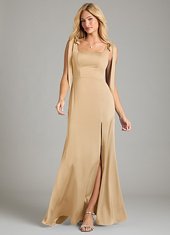 Azazie Frostine Bridesmaid Dresses Gold A-Line Bow Stretch Satin Dress image10