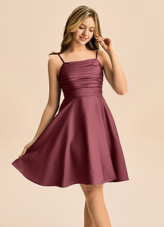 Azazie Miko Junior Merlot A-Line Pleated Stretch Satin Dress image3