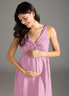 Azazie Yetta Maternity Bridesmaid Dresses A-Line Pleated Stretch Satin Floor-Length Dress image2