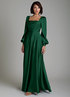 Azazie Solana Abiti da Damigella Abito A-Line in Raso Elasticizzato Maniche Lunghe Verde Scuro image6