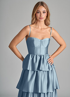 Azazie Faye Bridesmaid Dresses Dusty Blue A-Line Ruched Stretch Satin Dress image2