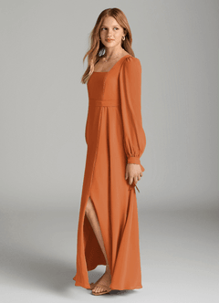 Azazie Leonia Junior Cinnamon A-Line with Pockets Chiffon Dress image3