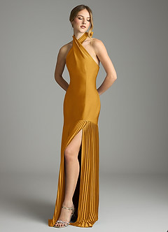 Azazie Nayeli Jurken voor bruidsmeisjes Jurk van Stretch Satijn met A-Lijn Geplooid Boterbabbelaar image4