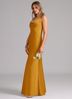 Azazie Kamila Robes de demoiselle d'honneur Robe Trapèze en Satin extensible Plissée Caramel écossais image6