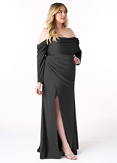 Azazie Hallie Bridesmaid Dresses Black Sheath Off-The-Shoulder Long Sleeve Stretch Satin Convertible Dress image11