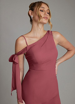 Azazie Aylin Bridesmaid Dresses Merlot Sheath Off the Shoulder Chiffon Dress image3