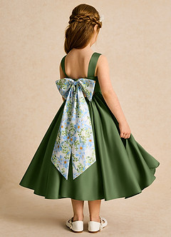 Azazie Doodlebug Flower Girl Dresses Olive A-Line Bow Matte Satin Dress image3