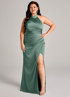 Azazie Jemma Bridesmaid Dresses Eucalyptus Sheath Pleated Stretch Satin Dress image10