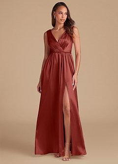 Azazie Tanicia Bridesmaid Dresses Terracotta A-Line Pleated Metallic Satin Dress image1