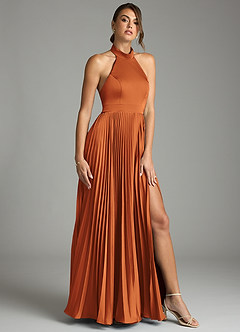 Azazie Zienna 신부 들러리 드레스 A라인 주름진 스트레치 새틴 바닥 길이 드레스 image1