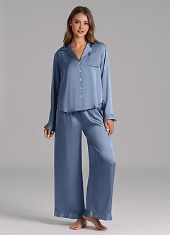 front Matching Color Ruffled Satin Long Sleeve Pajama Set