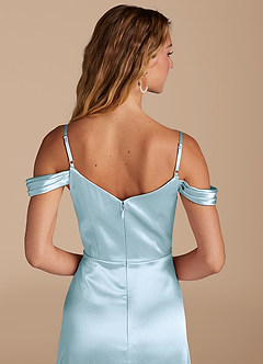 Azazie Ocean Bridesmaid Dresses Sky Blue A-Line Off the Shoulder Metallic Satin Dress image5