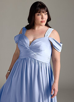 Azazie Lianne Bridesmaid Dresses Ice A-Line Off the Shoulder Stretch Satin Dress image14