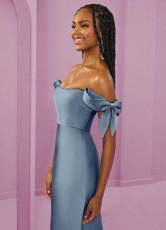 Barbie ♥ Azazie Bridesmaid Dresses Dusty Blue Sheath Off the Shoulder Stretch Satin Convertible Dress image6
