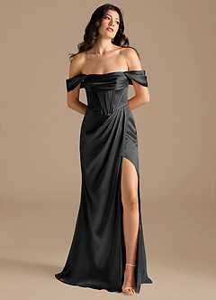 Azazie Lynden Vestidos de damas de honor Vestido de Negro de Satén Metálico de Corte Recto Convertible con Vestidos sin tirantes image1