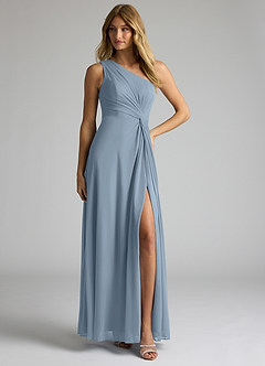 Azazie Brooke Bridesmaid Dresses Dusty Blue A-Line One Shoulder Mesh Dress image3