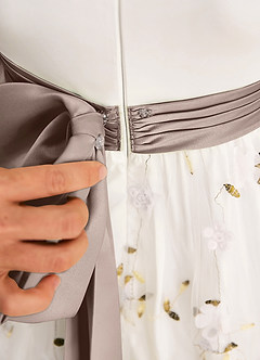Azazie Pollie Flower Girl Dresses Ivory Taupe A-Line Bow Tulle Dress image7