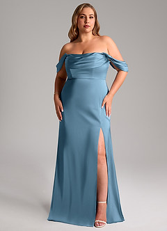 Azazie Saige Jurken voor bruidsmeisjes Jurk van Stretch Satijn met Kolom Off the Shoulder Staal Blauw image11